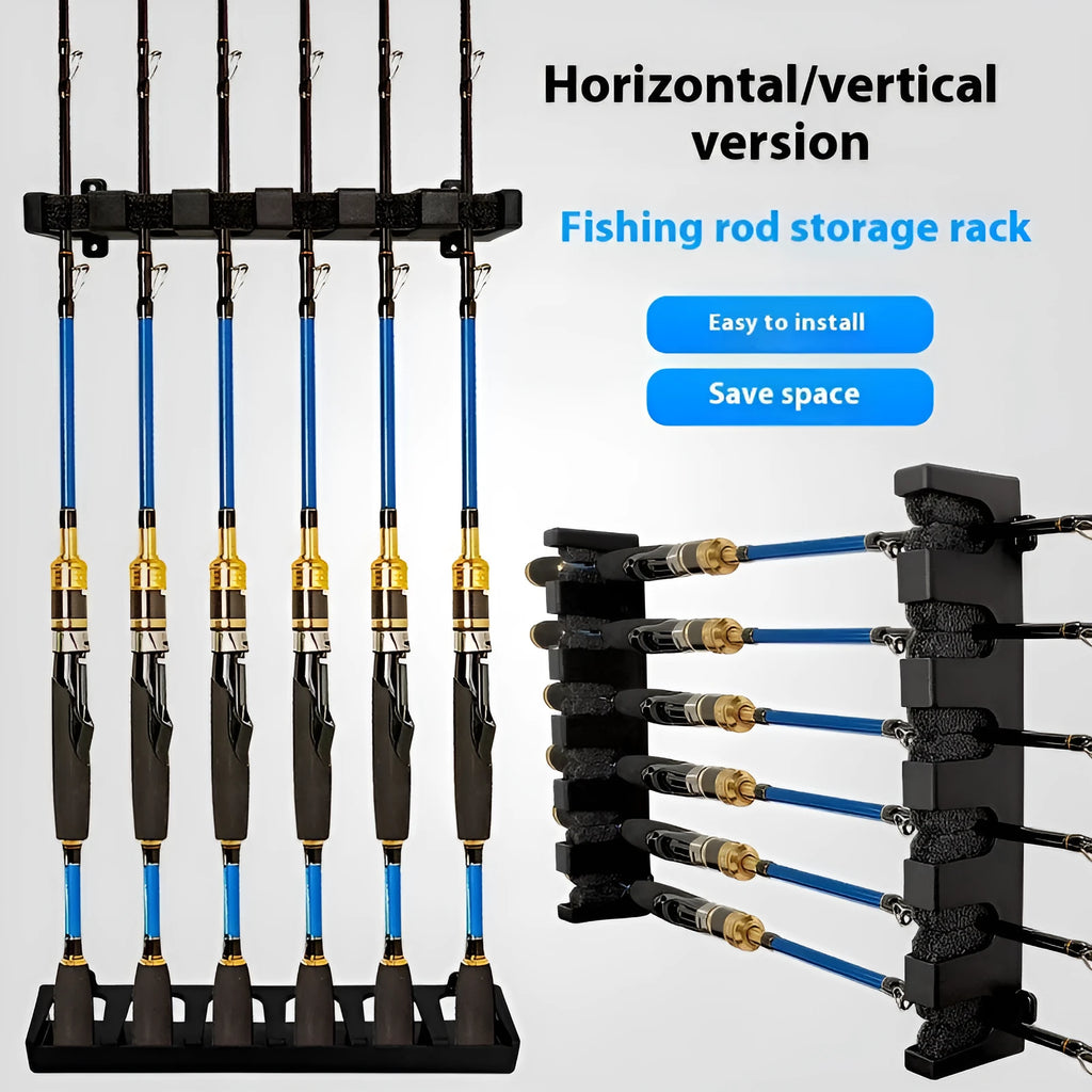 Black ABS fishing rod wall mount display stand showing upright and horizontal mounting options