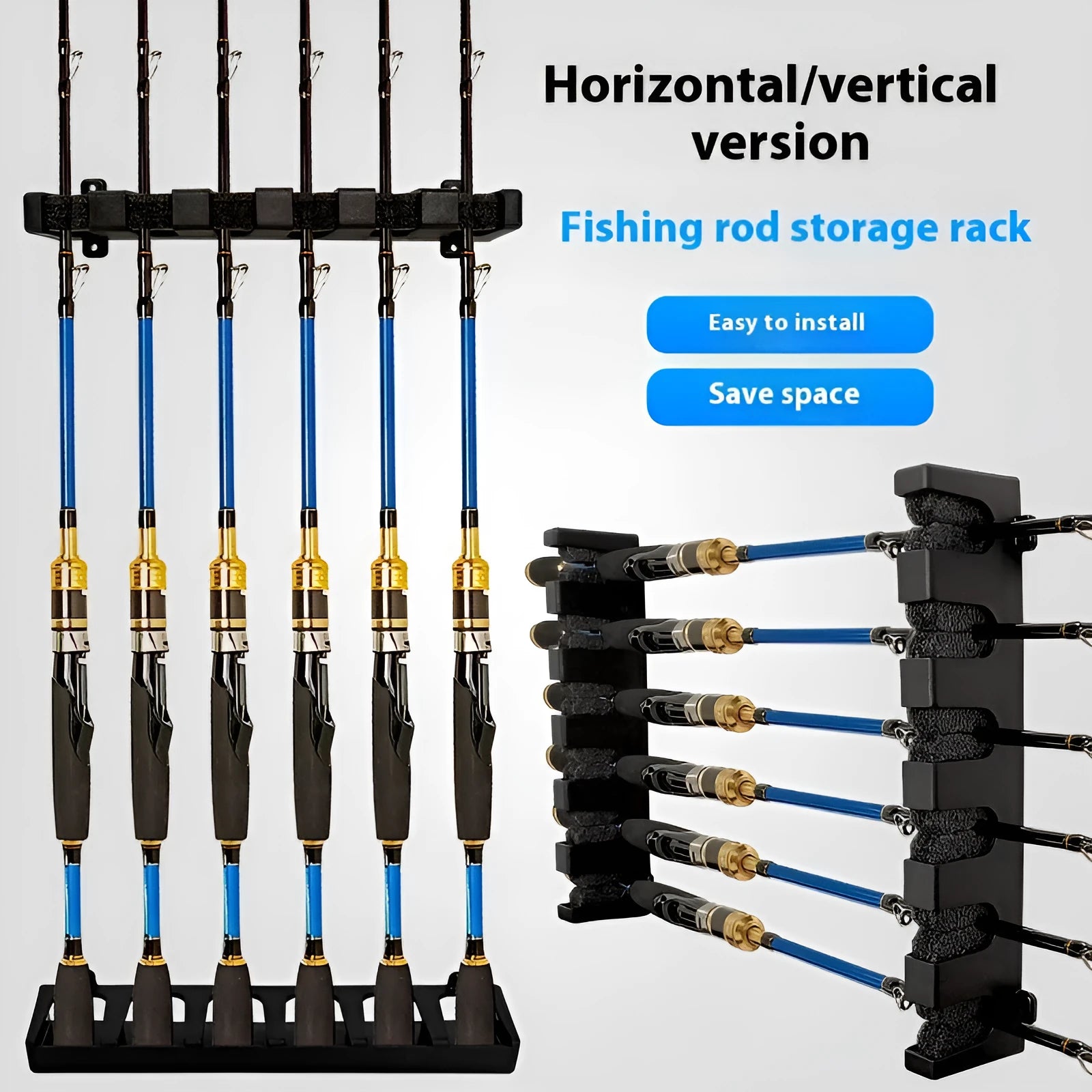 Black ABS fishing rod wall mount display stand showing upright and horizontal mounting options
