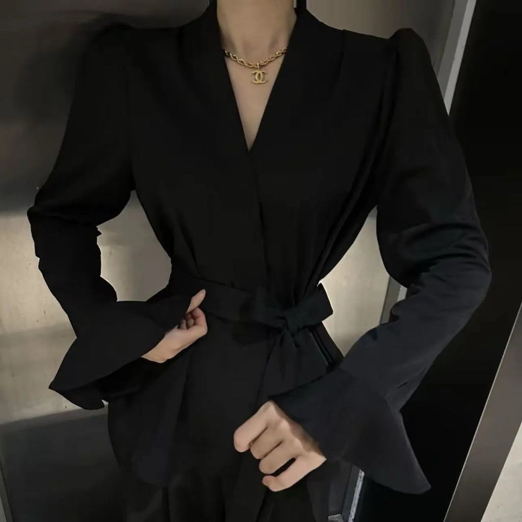Women's French-style long sleeve shirt with irregular collar and bell sleeves in black