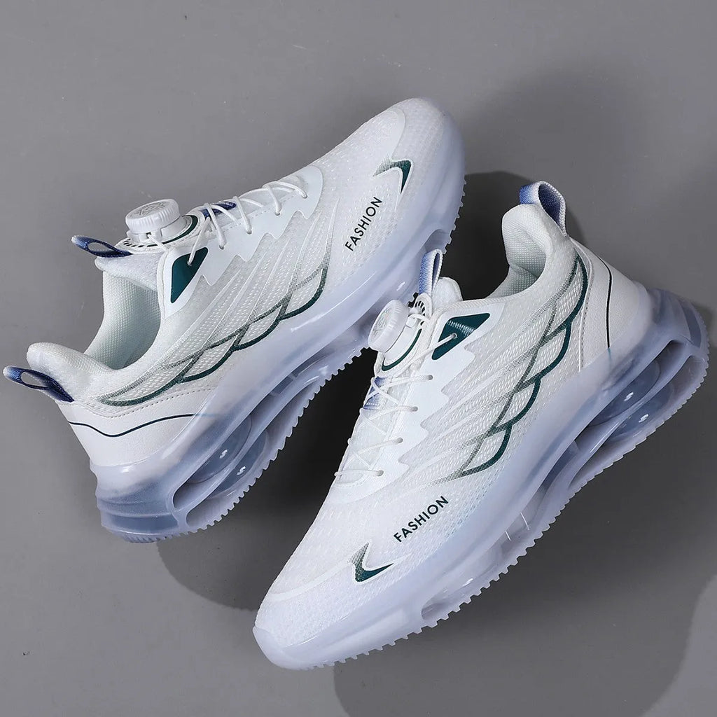 White men's casual running shoes with rotating button closure and mesh upper in Korean style design