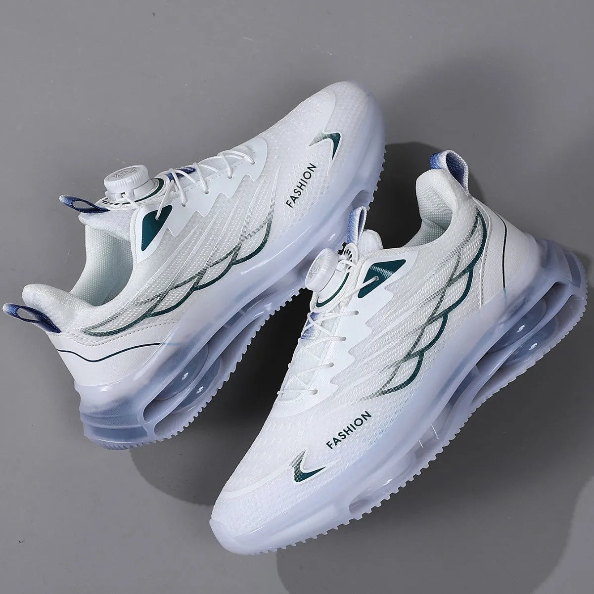 White men's casual running shoes with rotating button closure and mesh upper in Korean style design