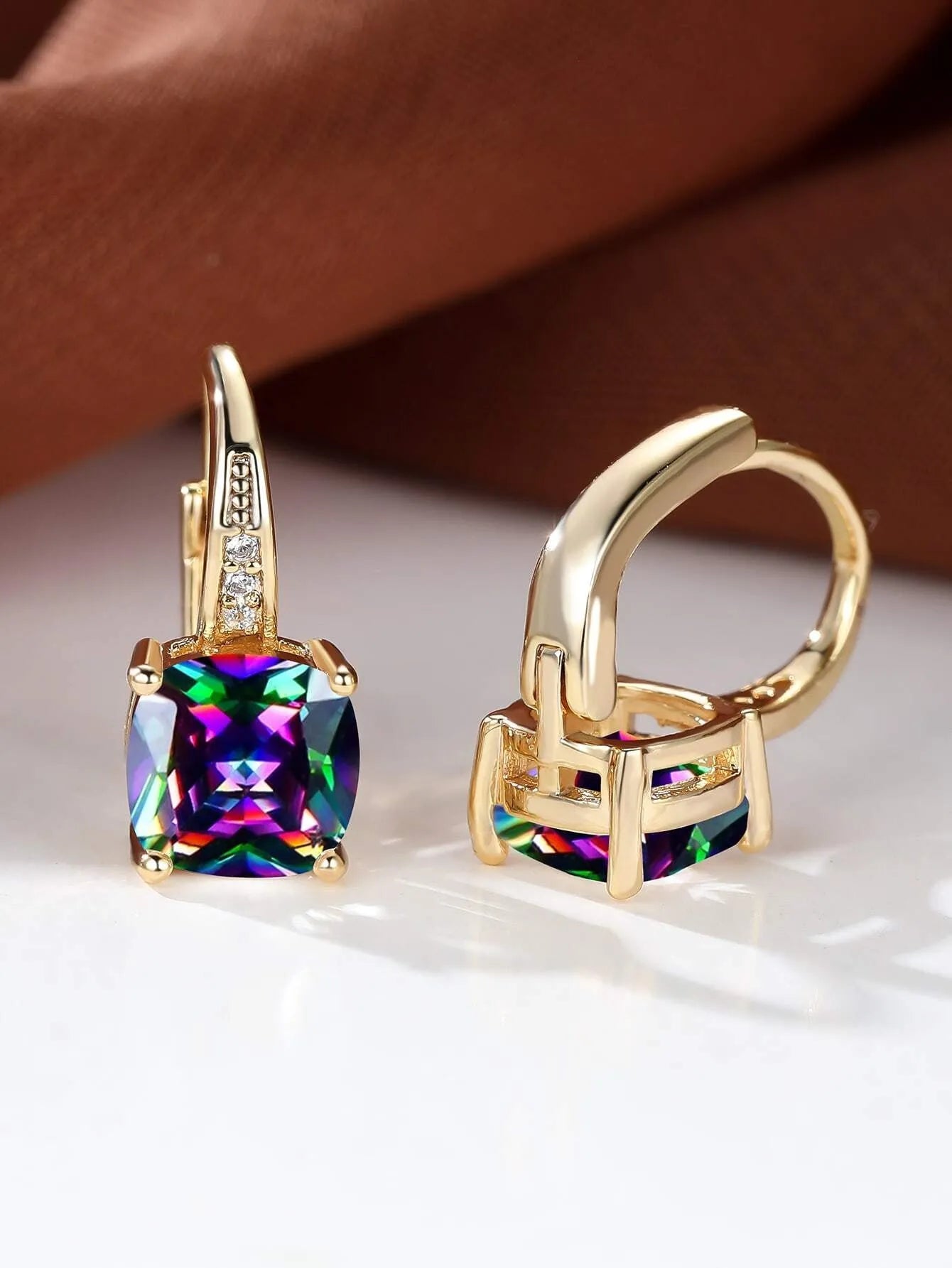 Square colourful moissanite geometric quadrilateral ear clip in gold electroplated copper