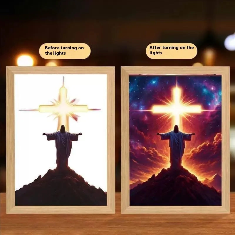 Modern rectangular LED light painting wall art with handmade frame showing illuminated design