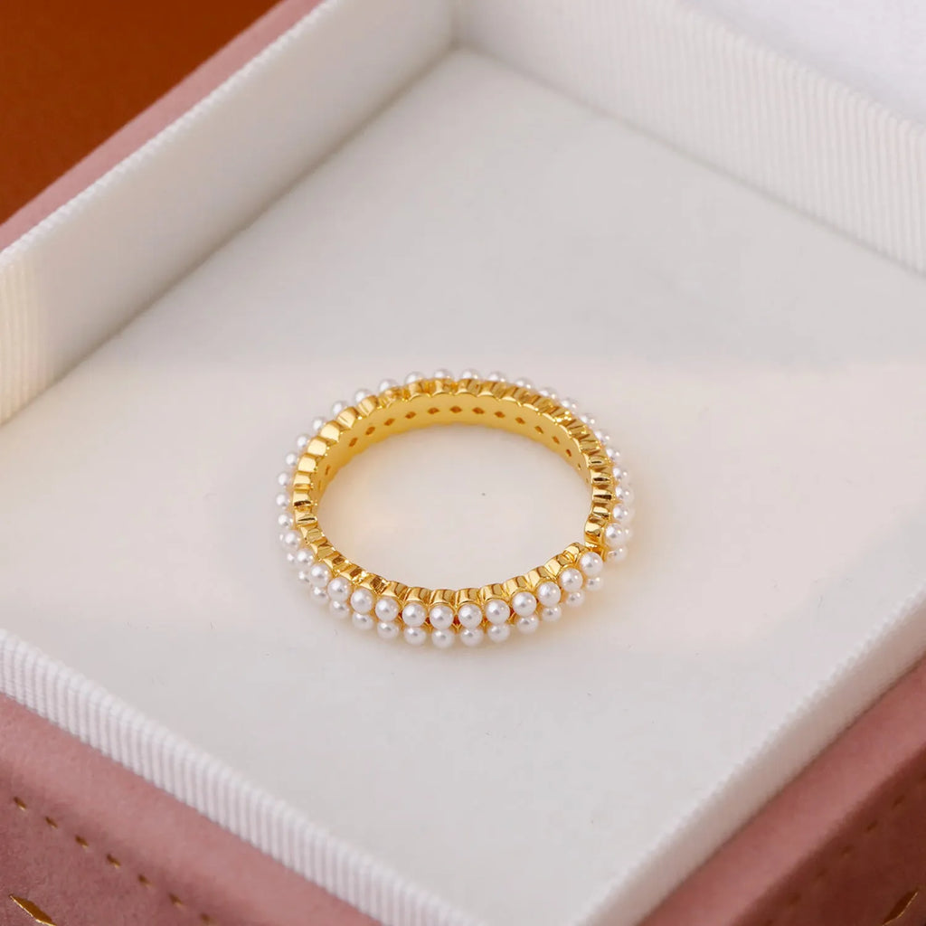 Gold geometric open-mouth women's ring with circular design elements on copper with electroplated finish