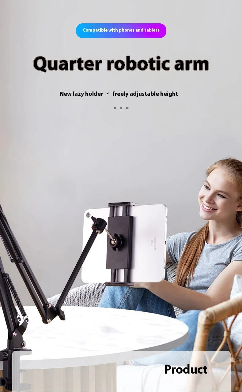 Black foldable metal tablet cantilever bracket with adjustable arm and tablet clip