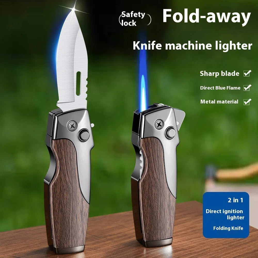 Zinc alloy folding lighter tool with integrated knife in a black wood grain finish.