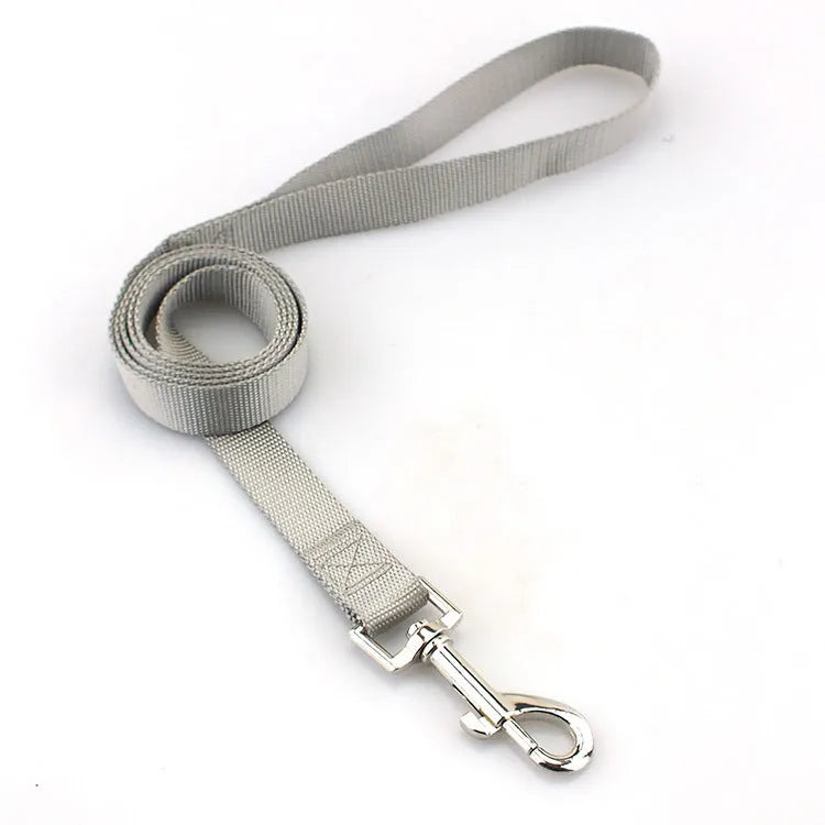 Solid colour nylon dog rope leash showing four width options and multiple colour choices for pet control