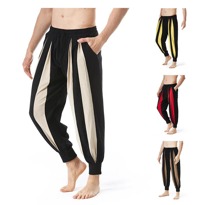 Men's straight leg casual trousers in red, khaki, yellow, or brown, made from polyester fabric.