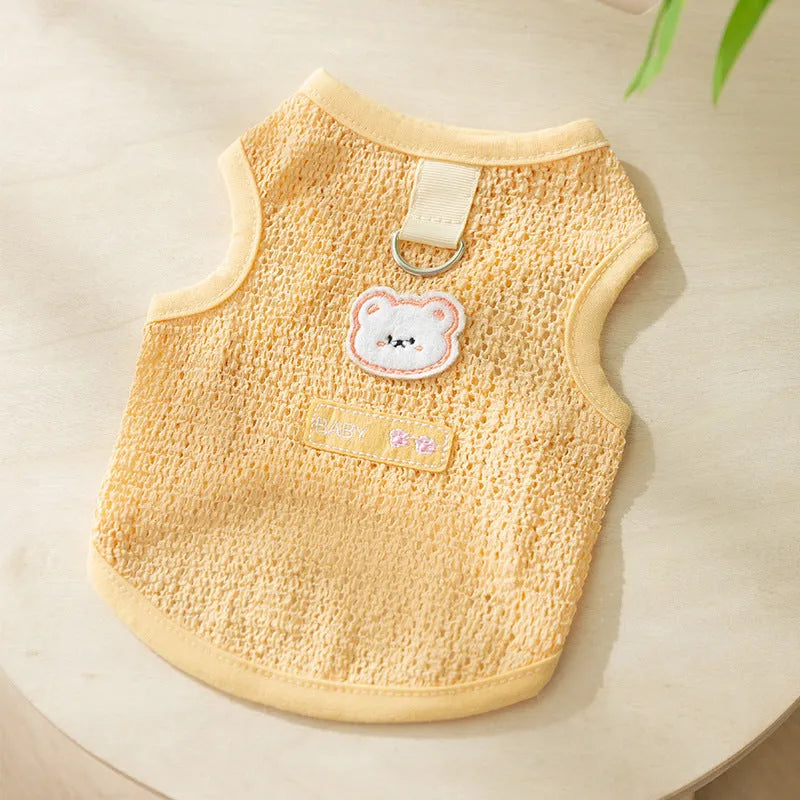 Cartoon bear patch cat clothes in knitted fabric with breathable hollowed-out design