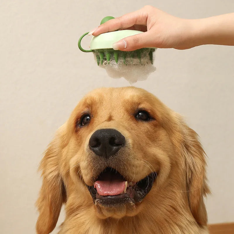 Silicone pet bath brush with massage bristles for dog and cat grooming in shower