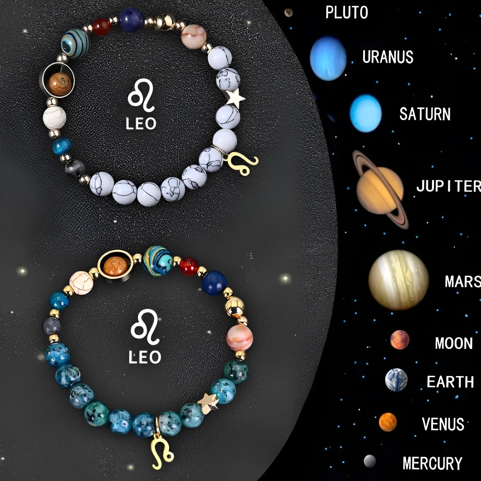 Two handmade natural stone beaded bracelets from a set of twelve zodiac sign designs.