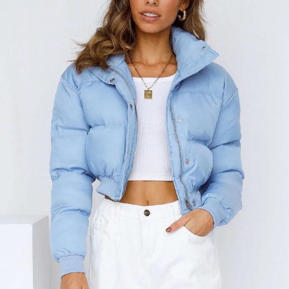 Women's loose fit polyester jacket in blue, grey, black, and milky white colours with long sleeves