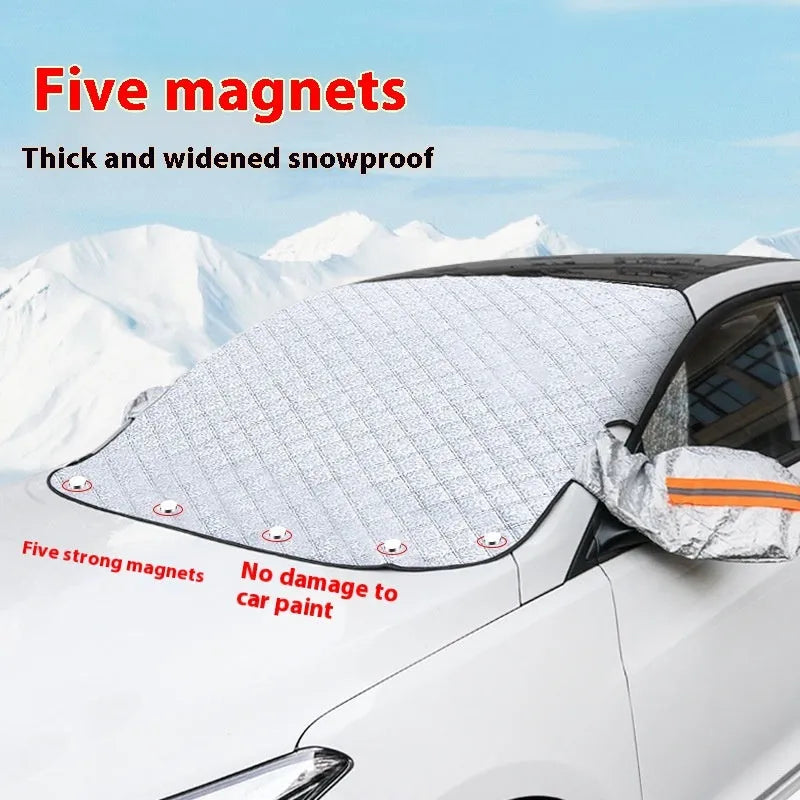 Winter car windshield cover with aluminium foil and reflective stripes for frost protection