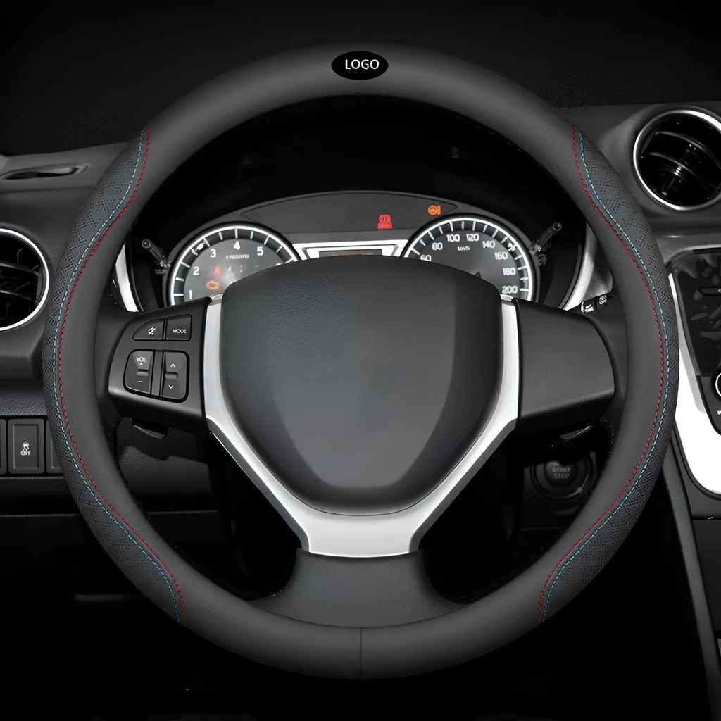 Black steering wheel cover with Napa leather texture for Suzuki cars