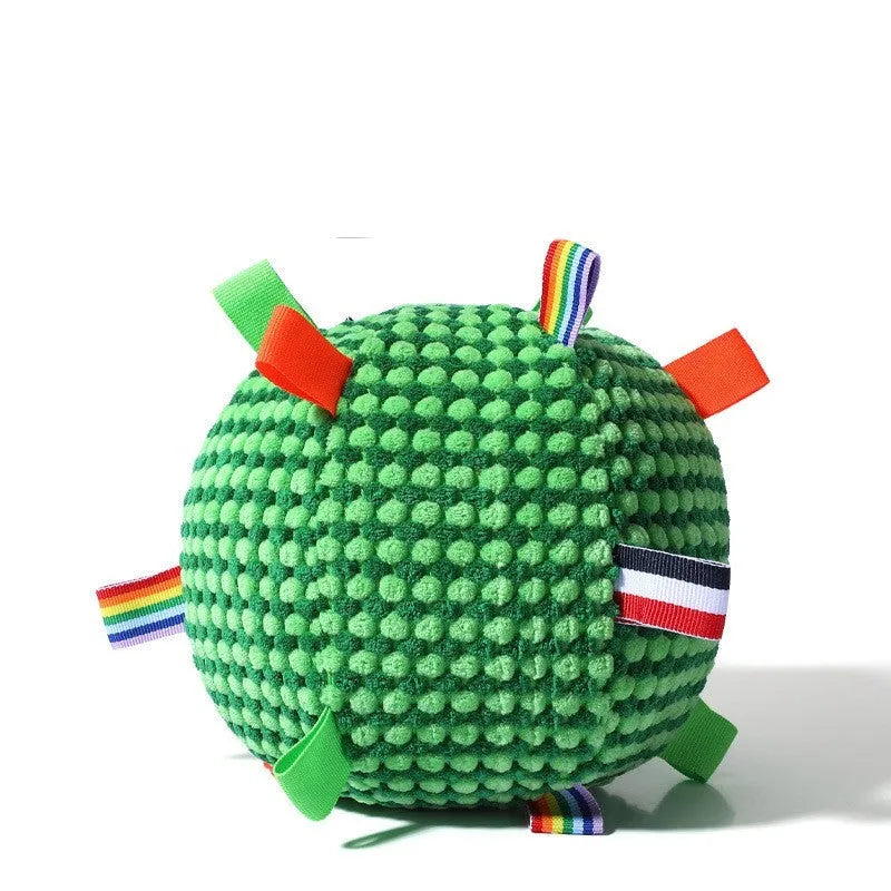 Blue and yellow textured pineapple lattice dog ball toy measuring 17cm in diameter.