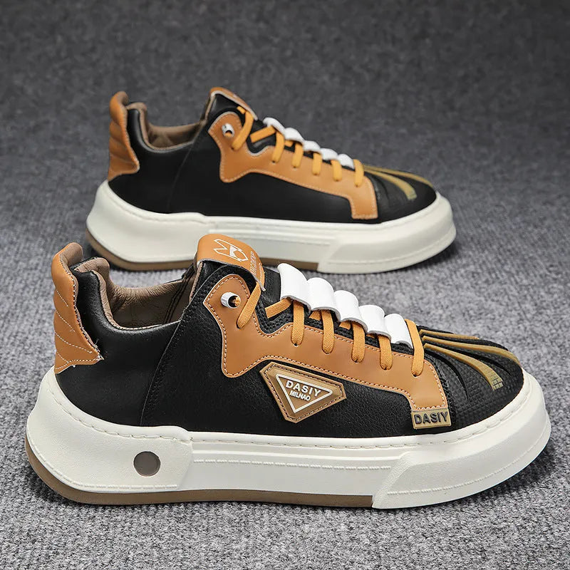 Men's beige low-top casual sneakers with elastic band and leather stitch details on microfiber upper.