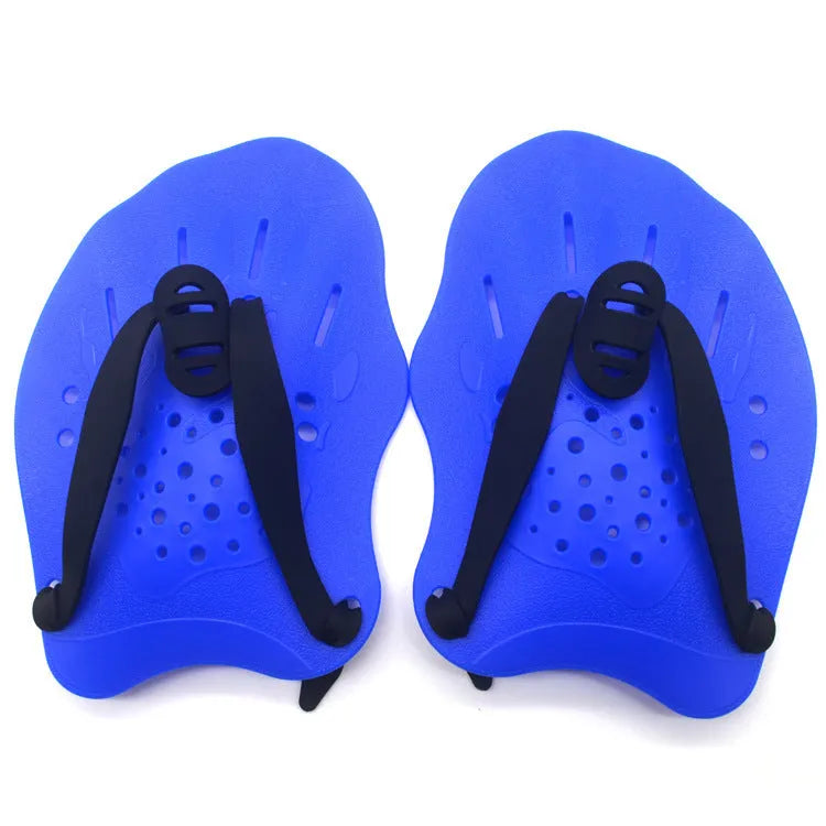 A pair of webbed swimming training hand paddles for freestyle stroke, shown in multiple colour options including dark blue with yellow.