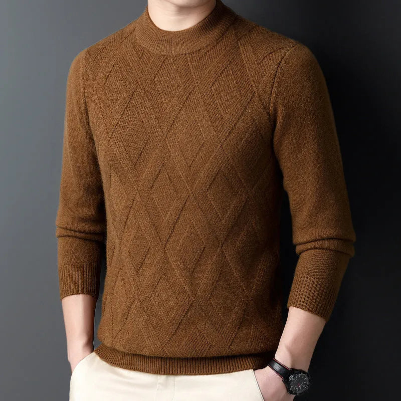 Men's thick winter sweater in diamond jacquard pattern, shown in light camel colour
