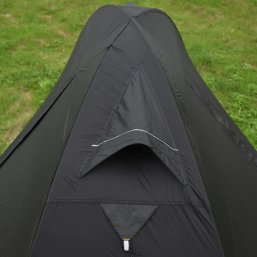Single person double-layer hiking tent with aluminium poles, shown in a choice of red, black, or orange colours.