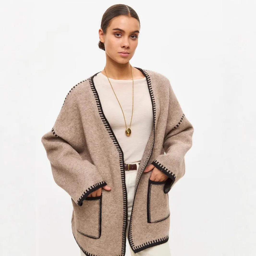 Loose mid-length knitted cardigan with lace-up front closure in cotton imitation cashmere fabric