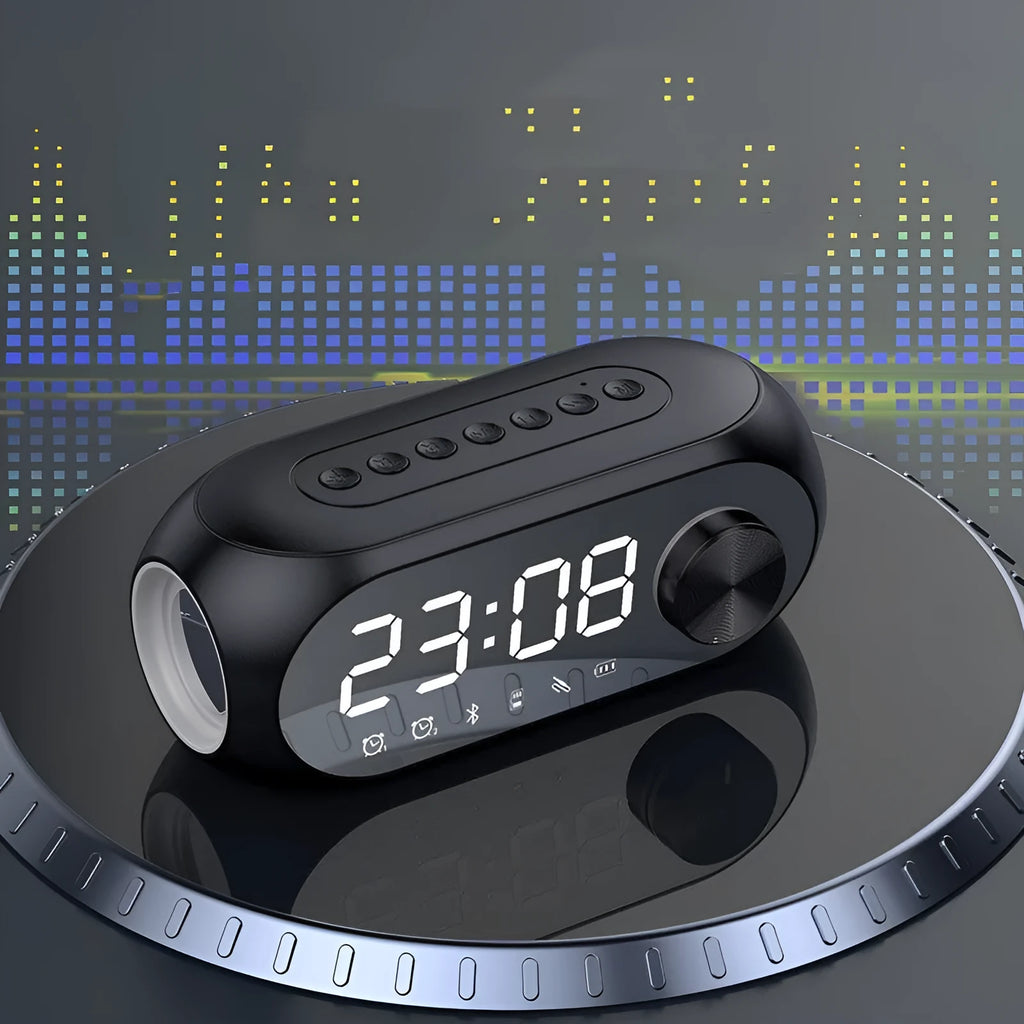 Mini portable Bluetooth speaker with clock display in black, white or blue colours showing extra bass and USB power