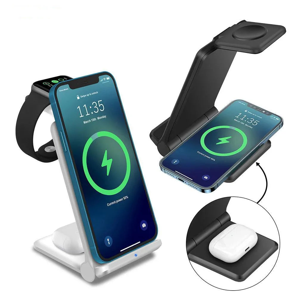 White 3-in-1 wireless charging station holding an iPhone upright, with an Apple Watch and AirPods on charging pads.