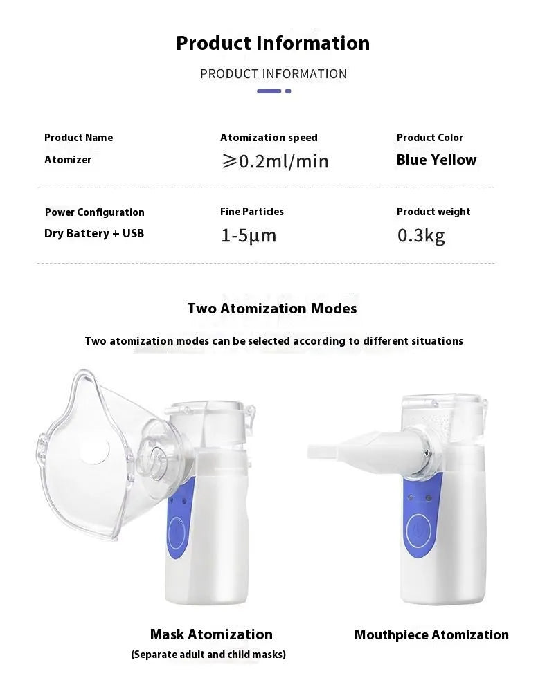A columnar-shaped plastic handheld USB nebuliser for quiet drug atomisation at home.