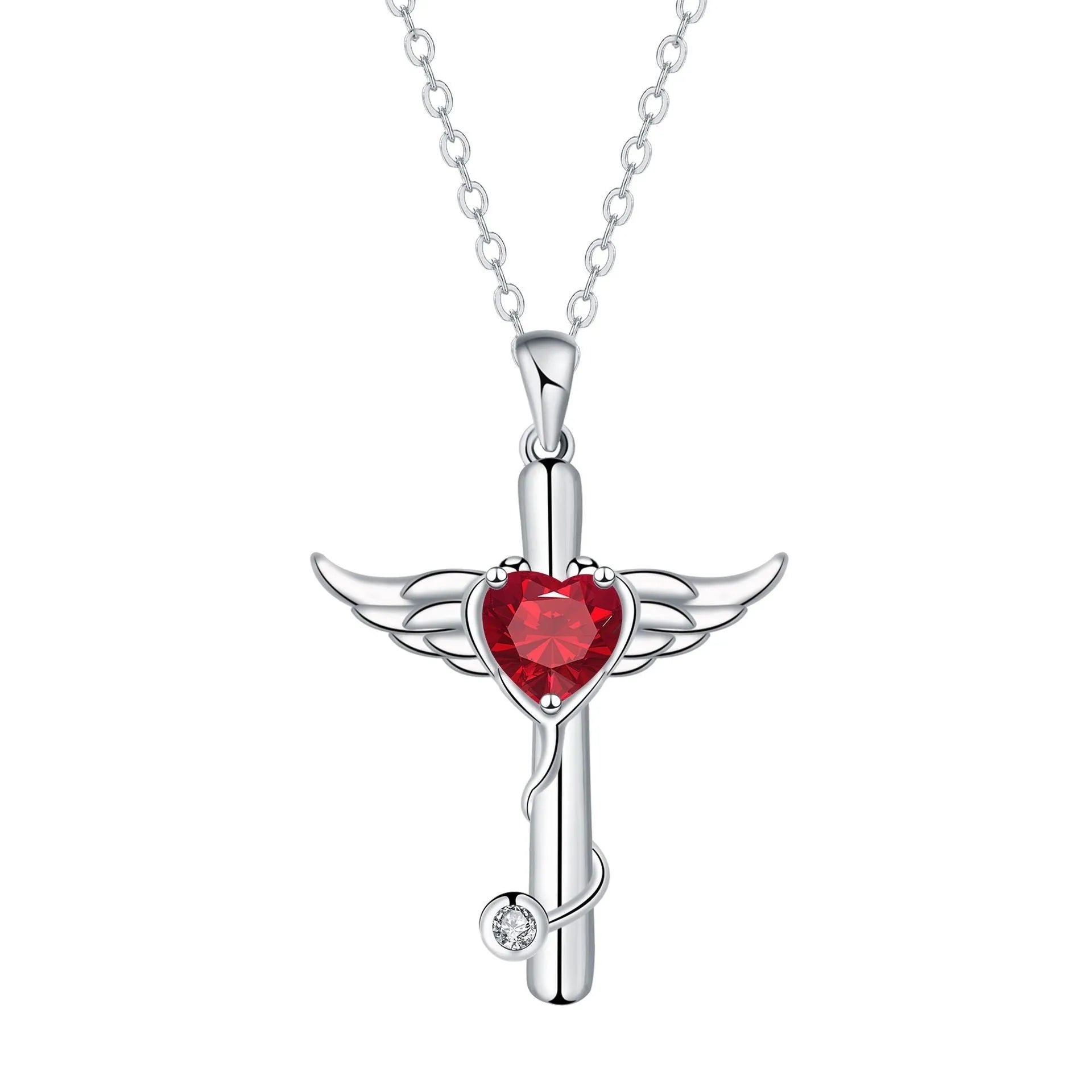 Sterling silver electroplated cross stethoscope necklace with wing design pendant and diamond crystals