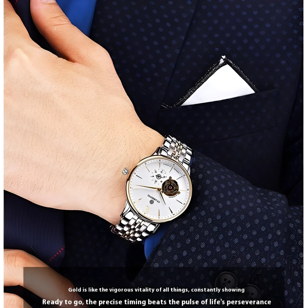 Automatic mechanical men's business watch with hollow three-needle dial and stainless steel case
