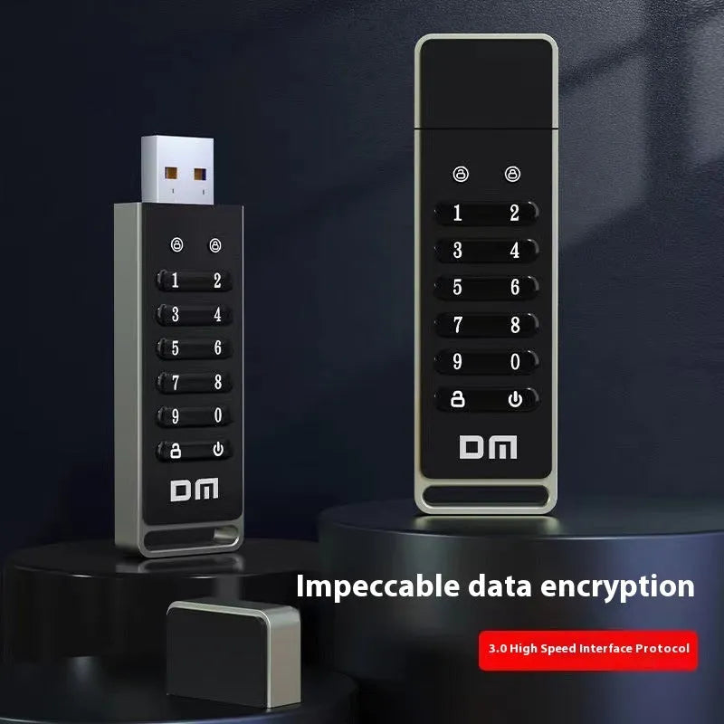 Metal USB flash drive with fingerprint sensor showing 64GB capacity and USB 3.0 connector