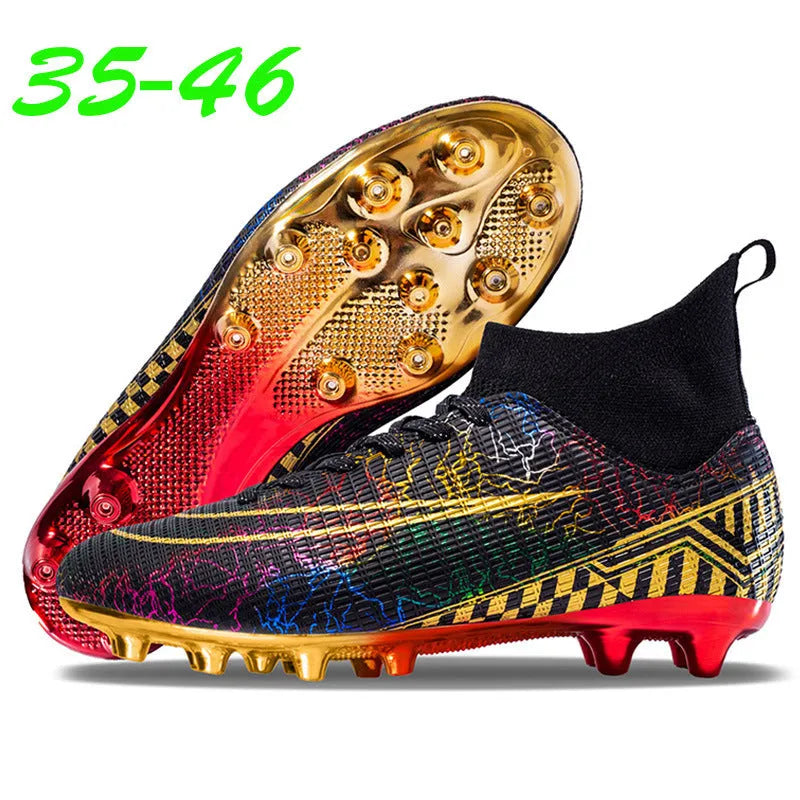 Men's high-top football shoes with gold plated sole in white, black, and mandarin duck colours.