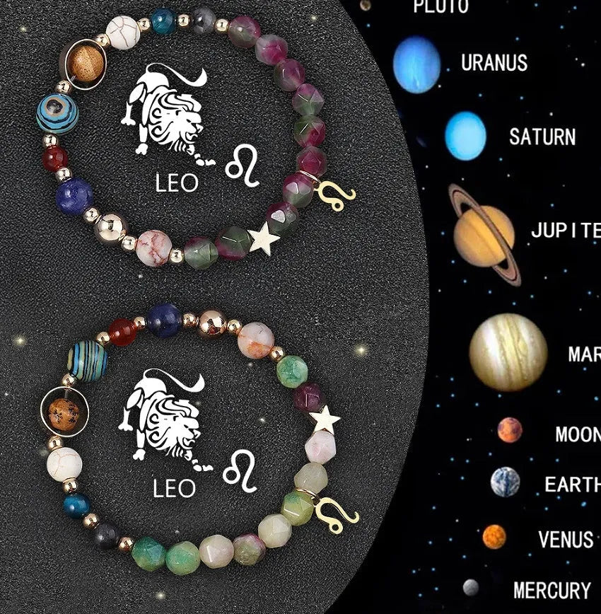 Natural stone beaded bracelets with zodiac symbols on stretchy elastic cord, showing two bracelets in set.