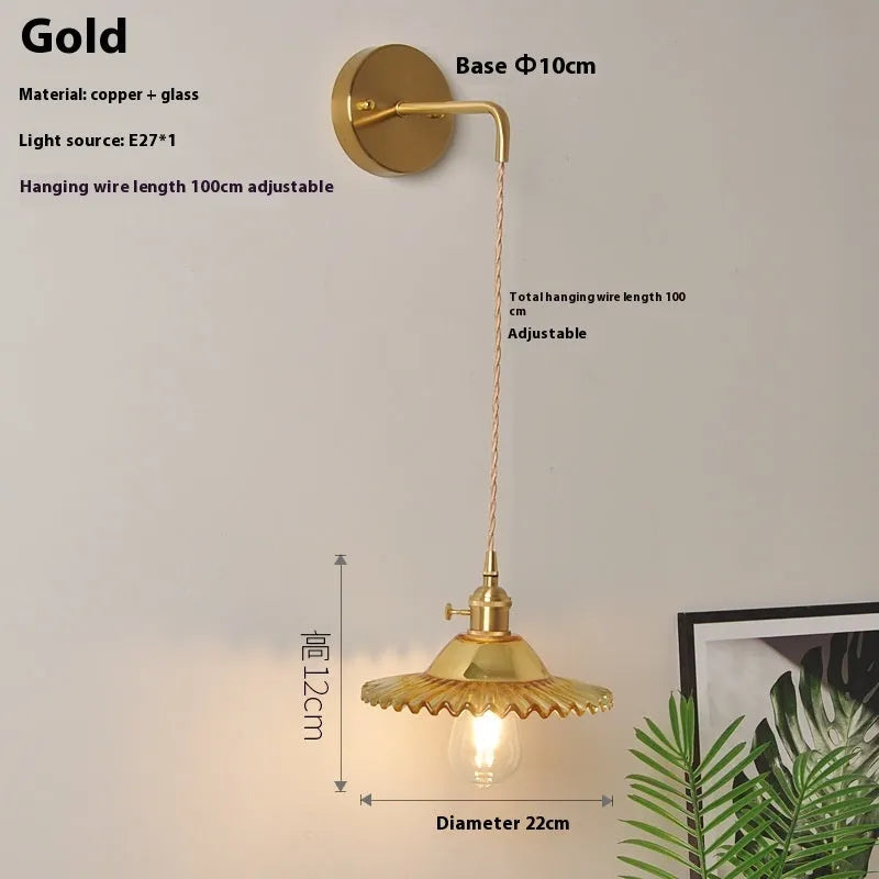 Retro brass lotus wall lamp with copper body and glass shade in 22cm diameter