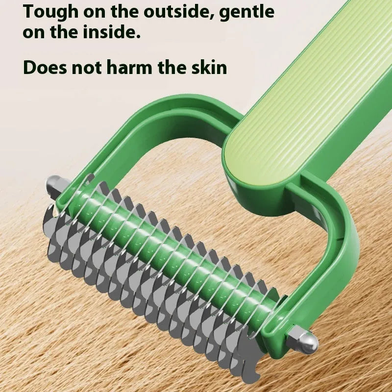 Green and grey pet grooming comb with stainless steel blades for de-tangling dog fur in small and large sizes