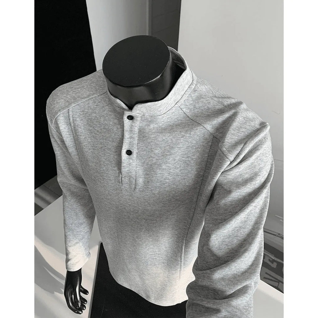 Men's loose fit asymmetric patchwork polo shirt with stand-up collar in heather gray.
