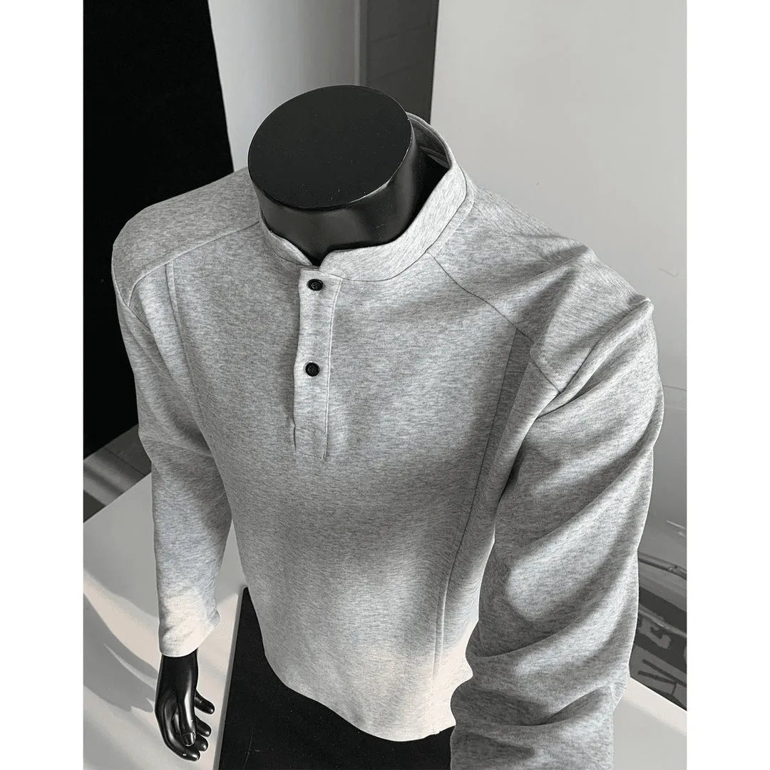 Men's loose fit asymmetric patchwork polo shirt with stand-up collar in heather gray.