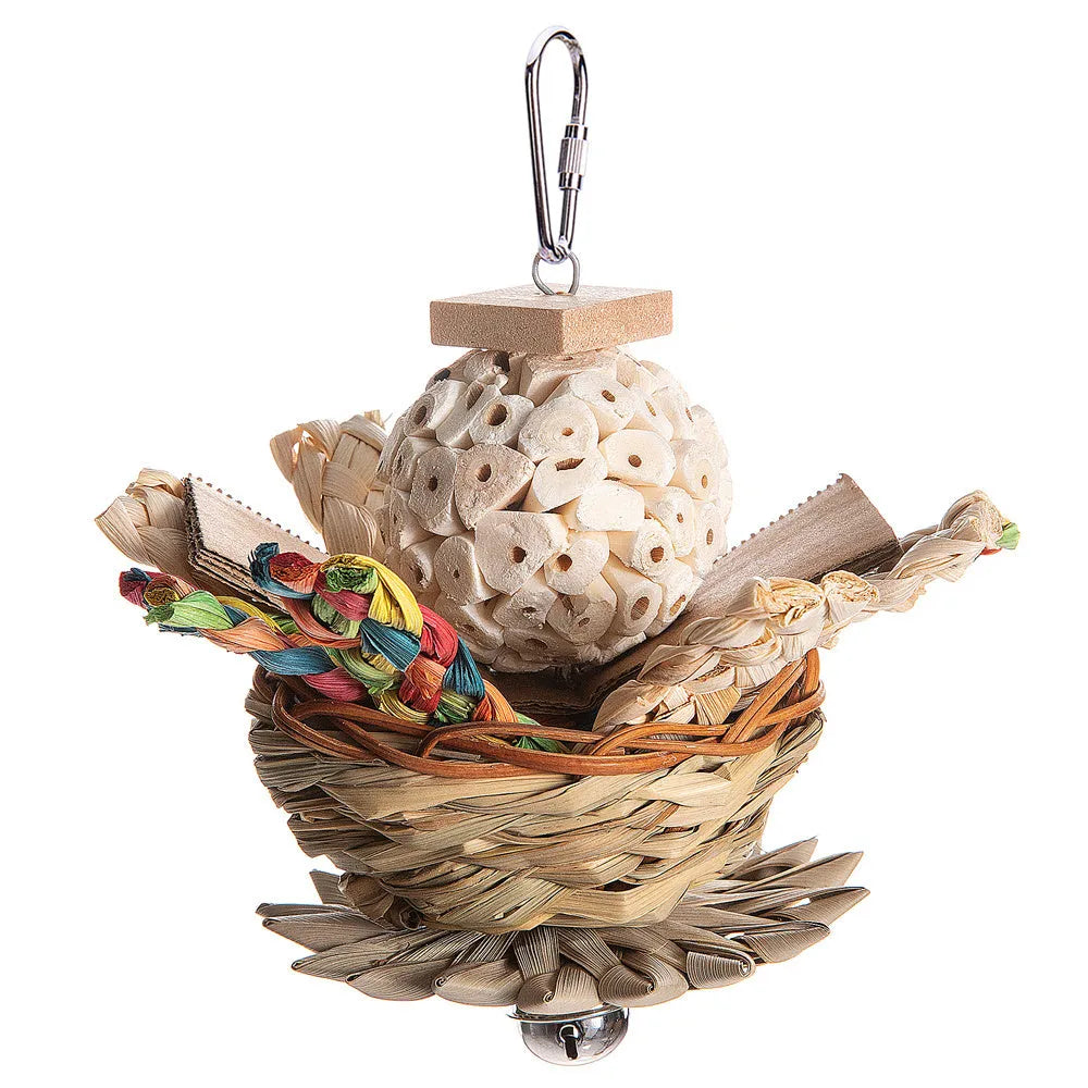 Parrot chewing toy with colourful plastic components and metal hanging chain for cage attachment