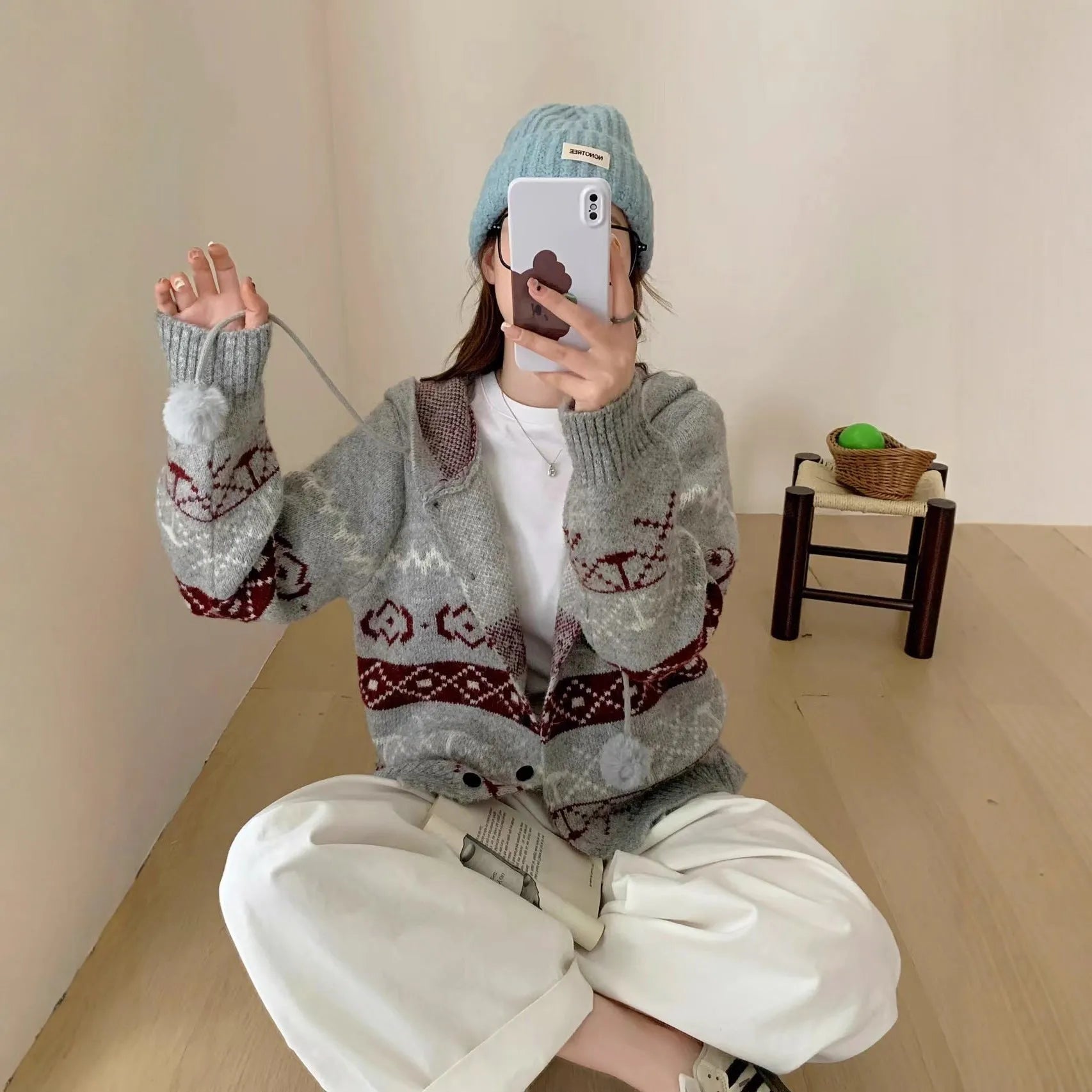 Grey geometric pattern brocade sweater coat for women, loose plus-size fit.