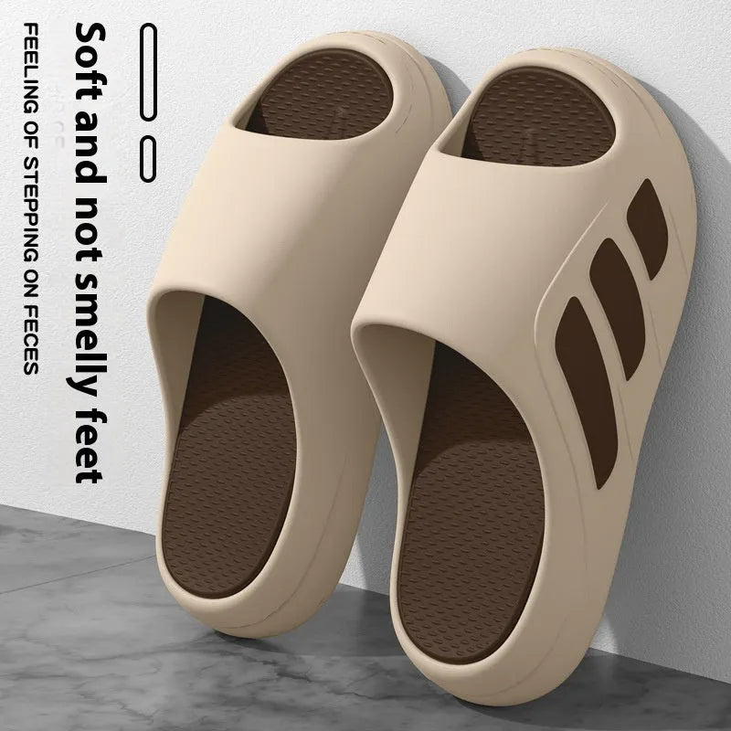 Brown and two-tone colour platform slippers with EVA construction and injection moulded soles for indoor home use