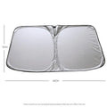 Aluminium foil car sunshade showing reflective silver surface with size dimensions displayed