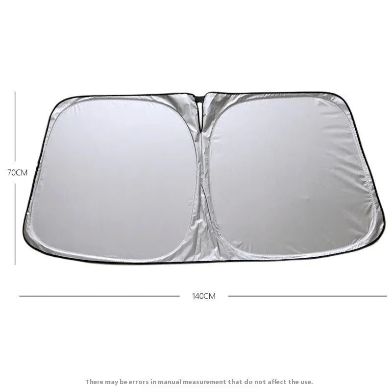 Aluminium foil car sunshade showing reflective silver surface with size dimensions displayed
