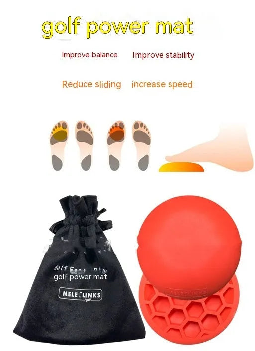 Orange golf training mat with red accents on natural rubber surface for centre of gravity practice