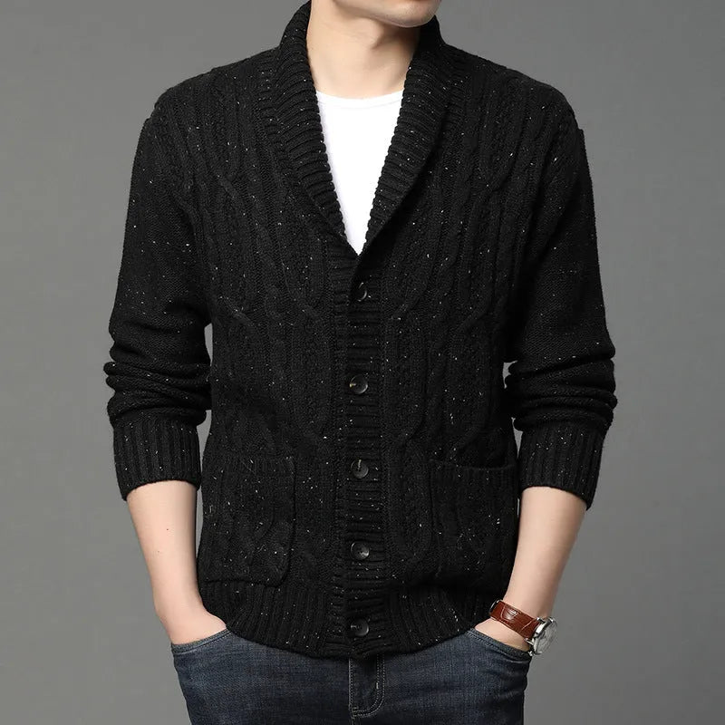 Korean style jacquard patterned men's knitted cardigan jacket on a neutral background.
