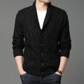 Korean style jacquard patterned men's knitted cardigan jacket on a neutral background.