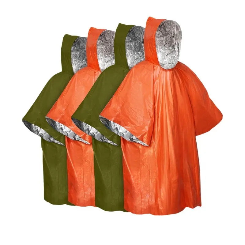 Wild Cross-country Multifunctional Raincoat in orange and army green colours, laid flat showing 100x130cm size.