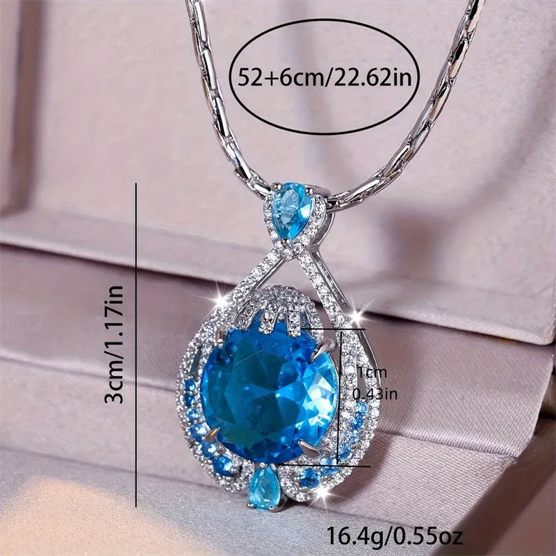 Blue fireworks cut crystal pendant necklace with water wave chain