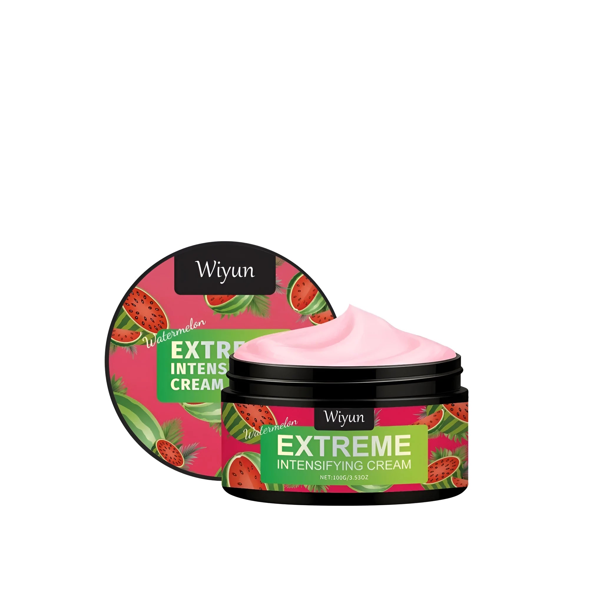 100g jar of watermelon intensifying facial cream gel with a caramel-coloured hue.