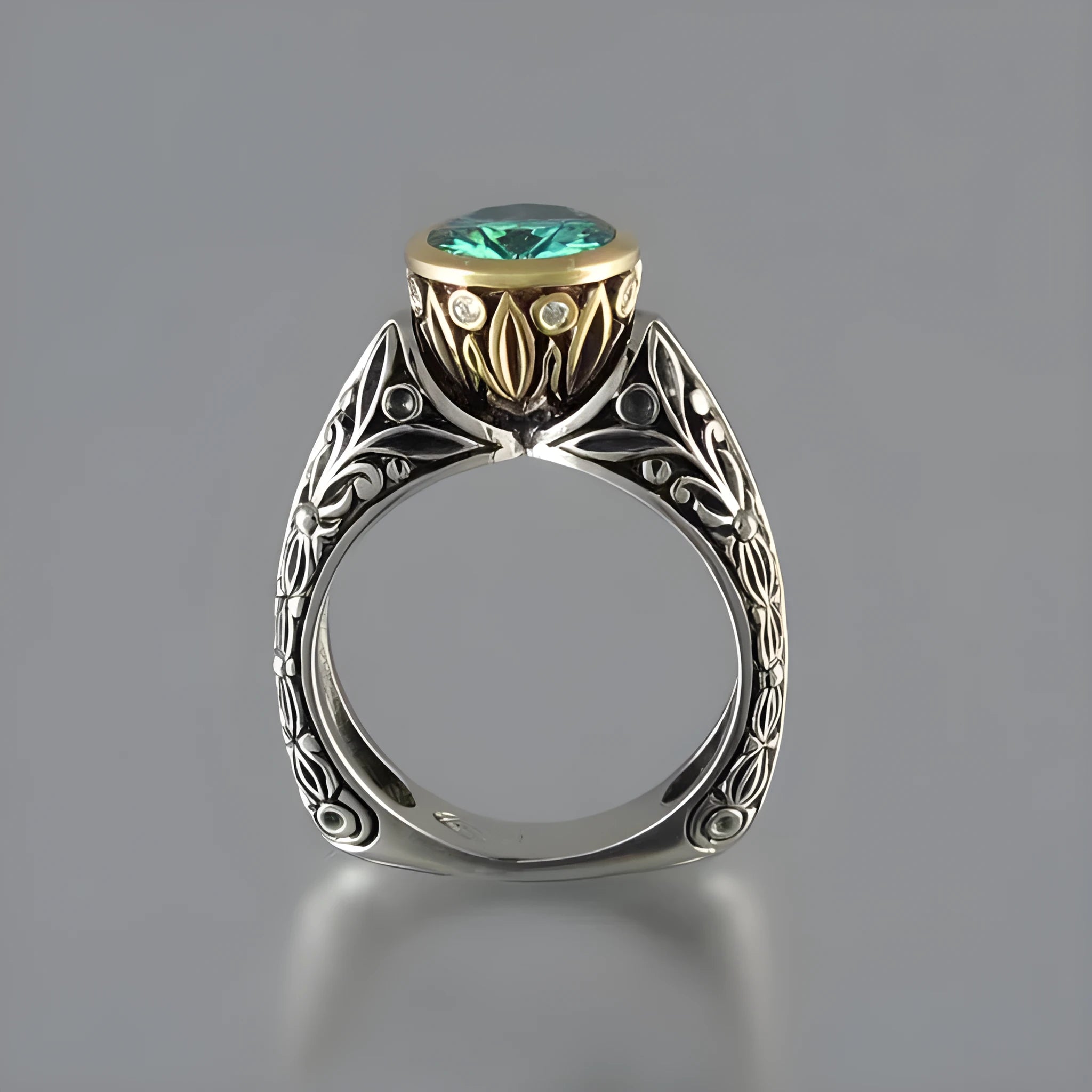 Vintage flower-shaped gemstone ring with gold plating and green silver colour finish showing colour separation design detail