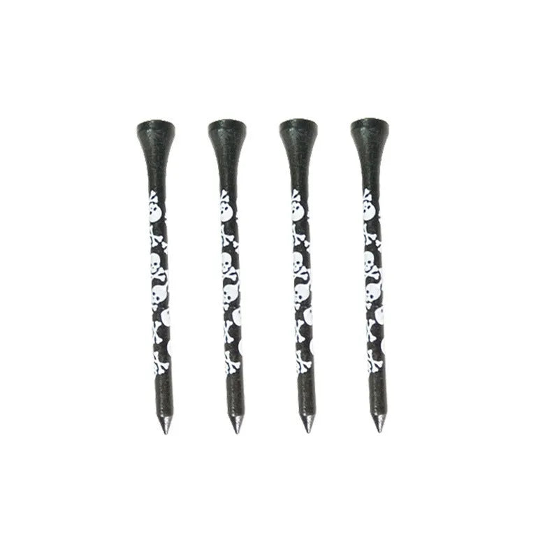 Ten black bamboo golf spike dowel pins with skull print decoration in 70mm and 83mm lengths