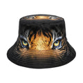 Khaki tiger print polyester bucket hat with dome crown on a neutral background